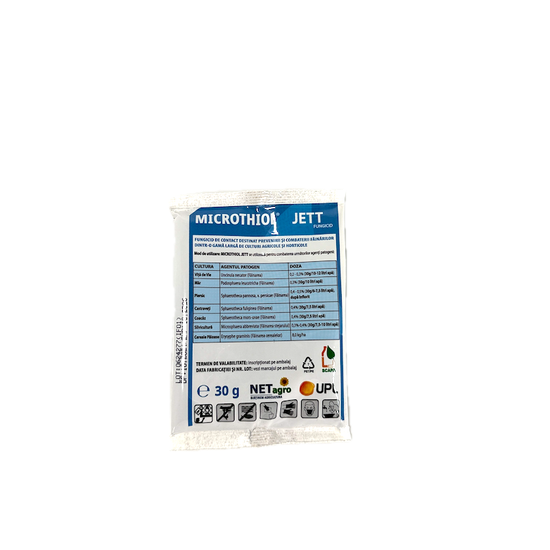 Microthiol Jett 30 Gr, Fungicid De Contact Pe Baza De Sulf, Upl, Fainare (Castraveti, Mar, Cereale Paioase, Piersic, Coacaz, Silvicultura, Vita De Vie)