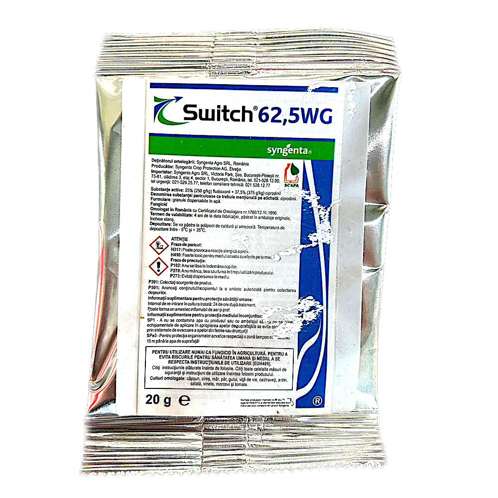 Switch 62,5Wg 20 Gr, Fungicid Sistemic Si De Contact, Syngenta, Rezistenta La Spalare (Vita De Vie, Capsun, Cires, Mar, Tomate, Ardei, Castraveti, Par, Gutui, Salata, Vinete, Morcov, Afin, Coacaz, Agris, Zmeur, Mur, Telina, Ceapa, Fasole)