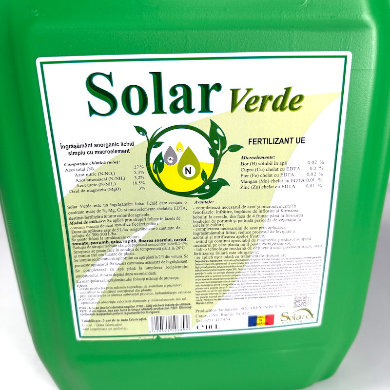 Solar Verde 10 L, Ingrasamant Foliar Lichid, Solarex, Pe Baza De Azot, Magneziu Si Microelemente (Bor, Cupru, Fier, Mangan, Zinc) Pentru Culturile De Cereale, Floarea Soarelui, Vita De Vie, Pomi Si Arbusti Fructiferi, Porumb