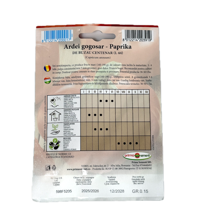 Seminte Ardei Gogosar De Buzau Centenar L44 0,15 Gr, Prima Sementi