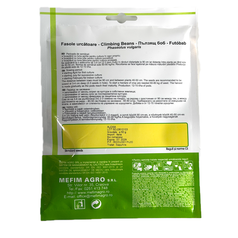 Seminte Fasole Urcatoare Galbena Lata Alexia 50 Gr, Mefim