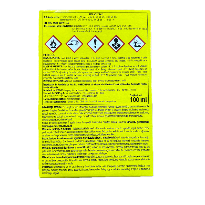 Tetracip Zapi 100 Ml, Insecticid Concentrat Emulsionabl, Romvac, Actiune Rapida Si Reziduala, Muste, Tantari, Insecte Taratoare