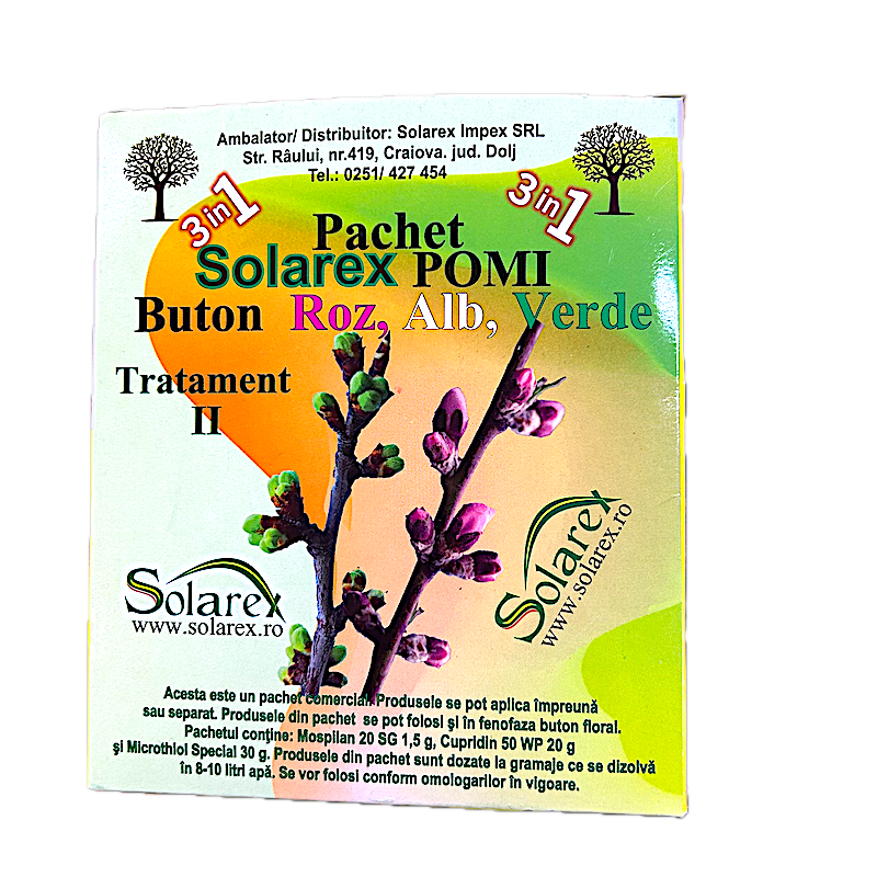 Pachet Stropirea 2 (Buton Roz, Alb, Verde), Pentru Pomi Pentru 10 L Apa, Solarex, (Contine Mospilan, Cupridin, Microthiol Special)