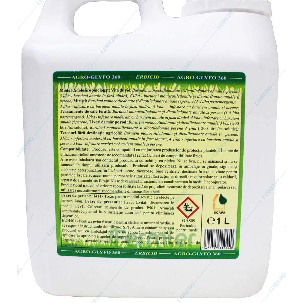 Agro Glyfo 360 1L, Erbicid Total Sistemic, Post Emergent, Neselectiv, Glifosat (Buruieni Monocotiledonate Si Dicotiledonate, Anuale Si Perene)