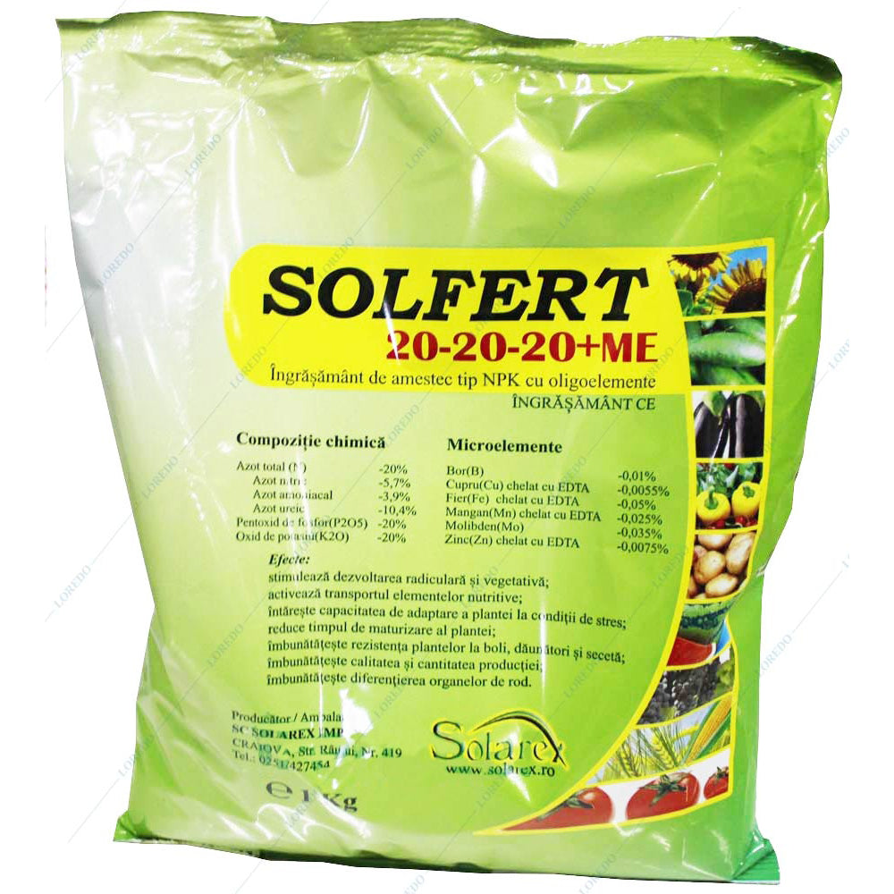 Solfert 20-20-20+Me 1 Kg, Ingrasamant Foliar Echilibrat Tip Npk+ Microelemente (Bor, Cupru, Fier, Mangan, Molibden, Zinc), Stimuleaza Dezvoltarea Radiculara Si Vegetativa, Imbunatateste Calitatea Si Cantitatea Productiei