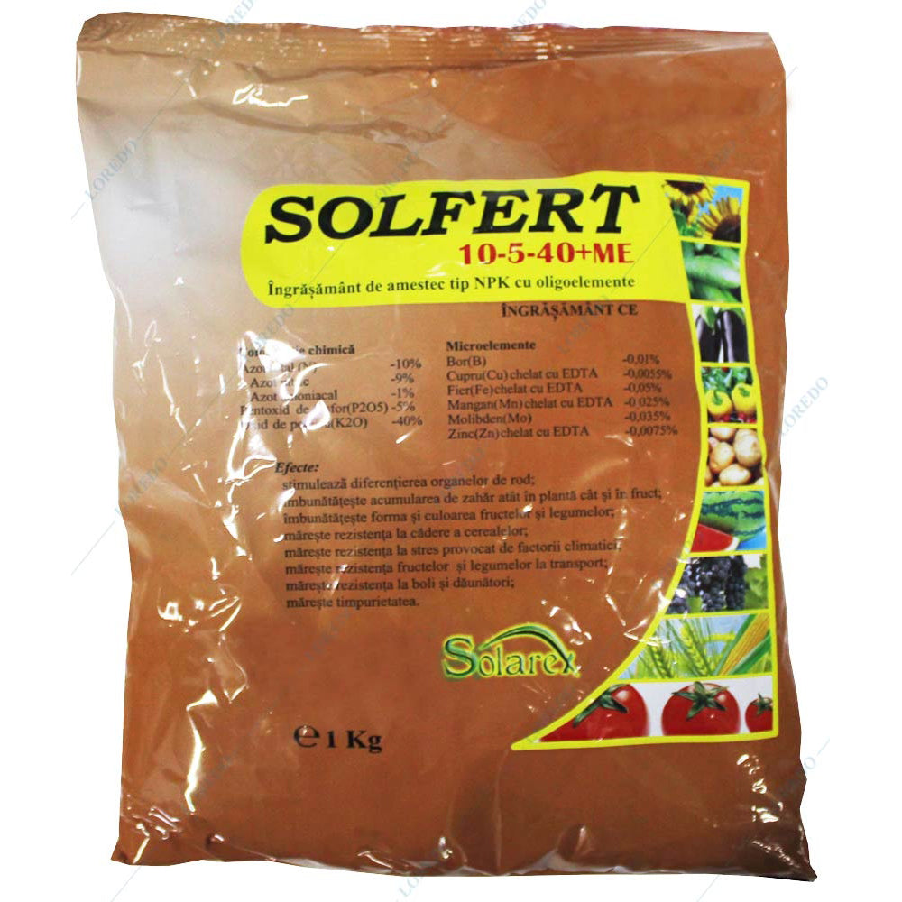 Solfert 10-5-40+Me 1 Kg, Ingrasamant Tip Npk+ Microelemente, Solarex, Imbunatateste Acumularea Naturala De Zahar In Fruct, Imbunatateste Forma Si Culoarea Fructelor Si Legumelor, Mareste Timpurietatea