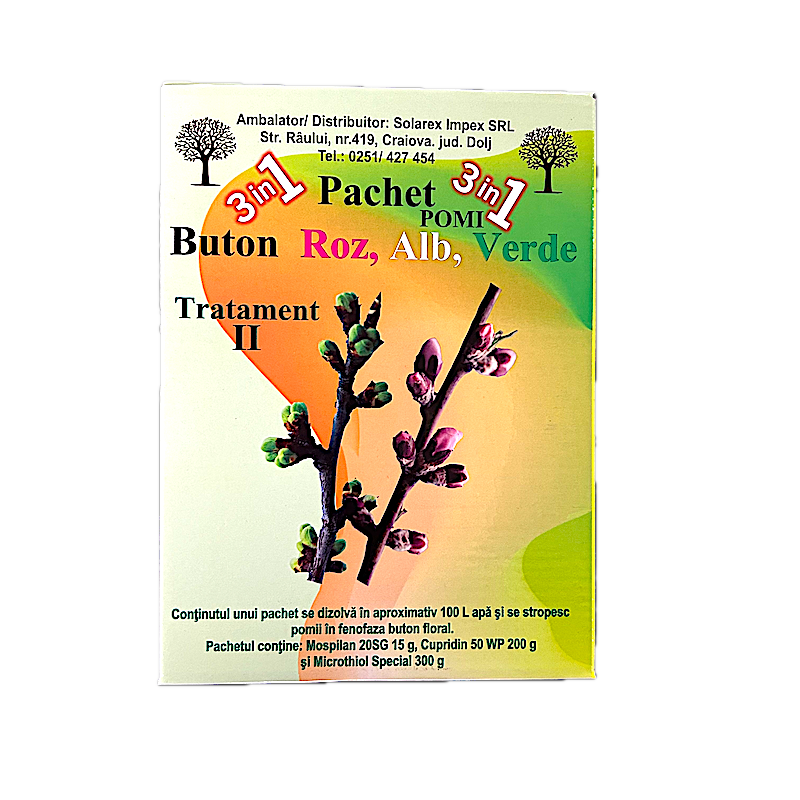 Pachet Stropirea 2 (Buton Roz, Alb, Verde), Pentru Pomi Pentru 100 L Apa, Solarex, (Contine Mospilan, Cupridin, Microthiol Special)