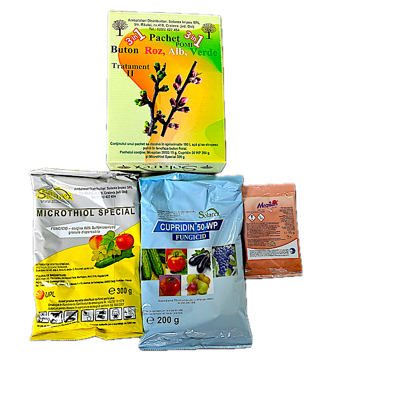Pachet Stropirea 2 (Buton Roz, Alb, Verde), Pentru Pomi Pentru 100 L Apa, Solarex, (Contine Mospilan, Cupridin, Microthiol Special)