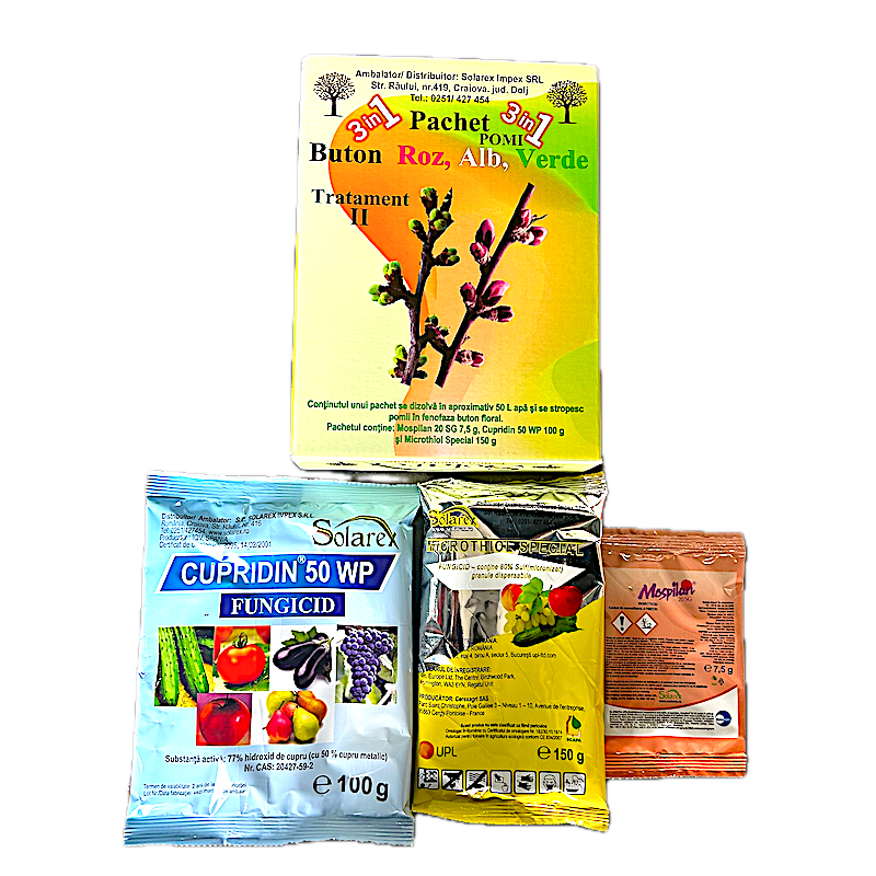 Pachet Stropirea 2 (Buton Roz, Alb, Verde), Pentru Pomi Pentru 50 L Apa, Solarex, (Contine Mospilan, Cupridin, Microthiol Special)