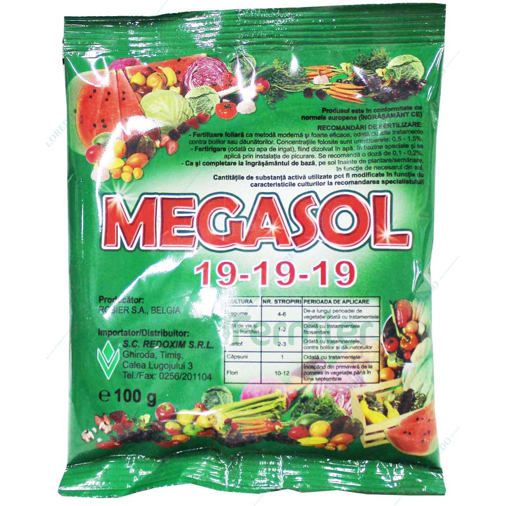 Megasol 19-19-19 100 Gr Ingrasamant Foliar/ Fertitigare Hidrosolubil Tip Npk+ Microelemente (Pomi Fructiferi, Legume, Vita De Vie, Pepeni, Flori)