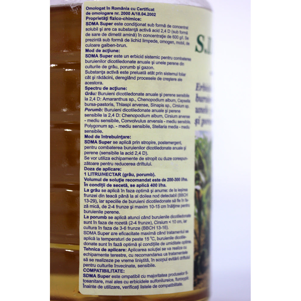 Sdma Super 600Sl 500 Ml, Erbicid Sistemic Selectiv, Buruieni Dicotiledonate Anuale Si Perene In Culturile De Porumb, Grau, Gazon