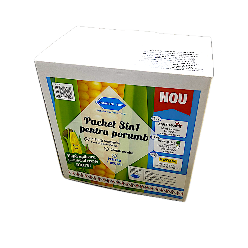 Pachet 3 In 1 Pentru Porumb 1 Ha, Chemark Rom, Contine 1,5 L Crew Ace, 500 Ml Mustang, 2 Kg Nutricomplex 30-10-10