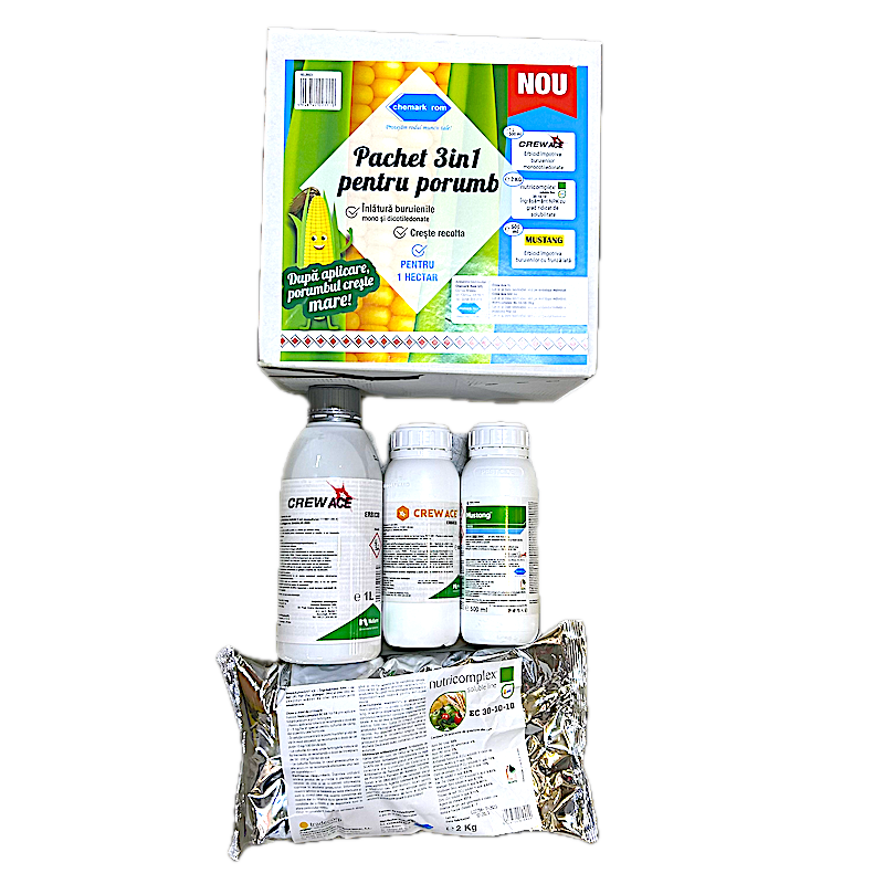 Pachet 3 In 1 Pentru Porumb 1 Ha, Chemark Rom, Contine 1,5 L Crew Ace, 500 Ml Mustang, 2 Kg Nutricomplex 30-10-10