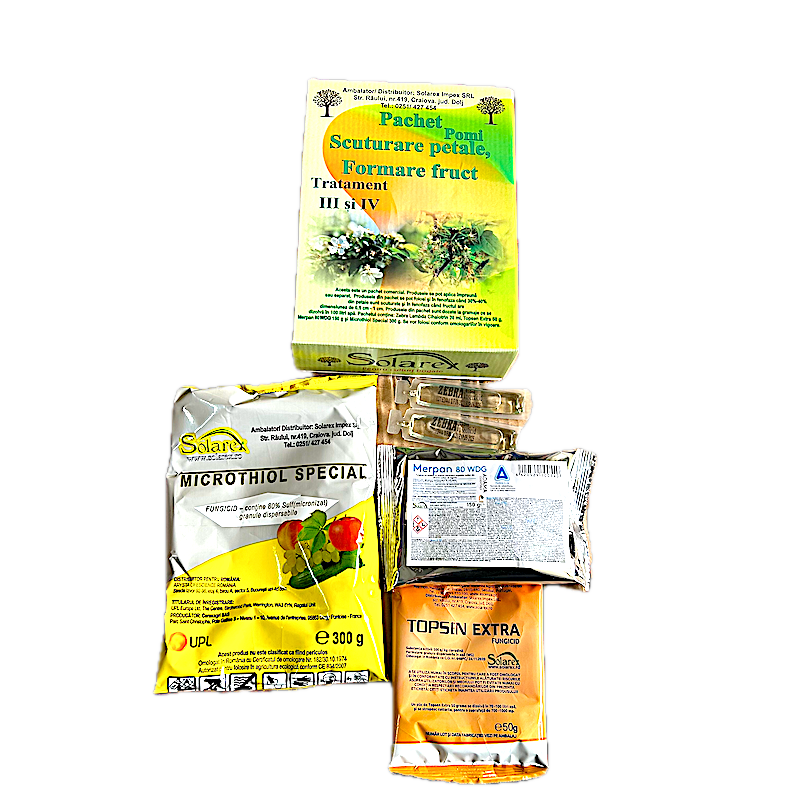 Pachet Stropirea 3/4 Pentru Pomi Pentru 100 L Apa, Solarex, (Contine Zebra, Microthiol Special, Topsen Extra, Captadin)