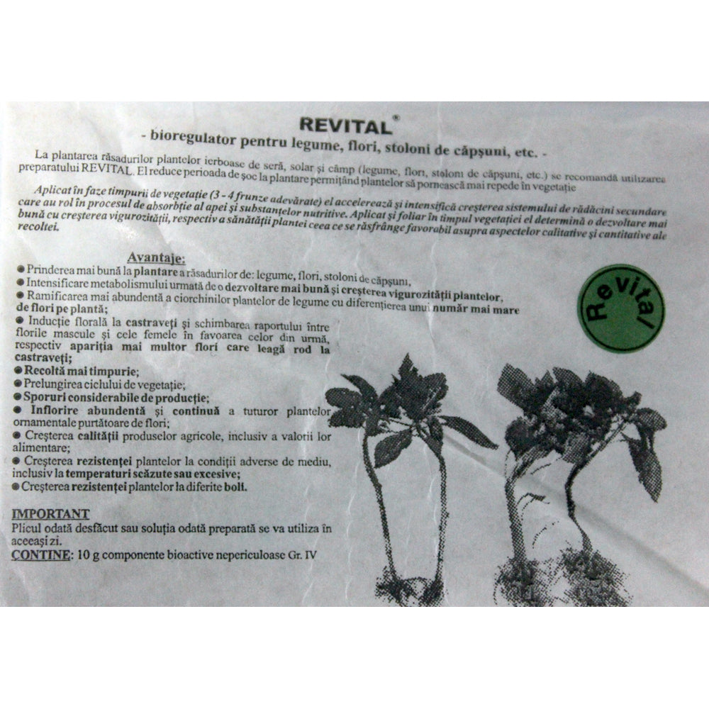 Revital 10 Gr, Bioregulator Pentru Legume, Flori, Capsuni; Cresterea Radacinilor, Plante Mai Viguroase, Productivitate Mai Mare