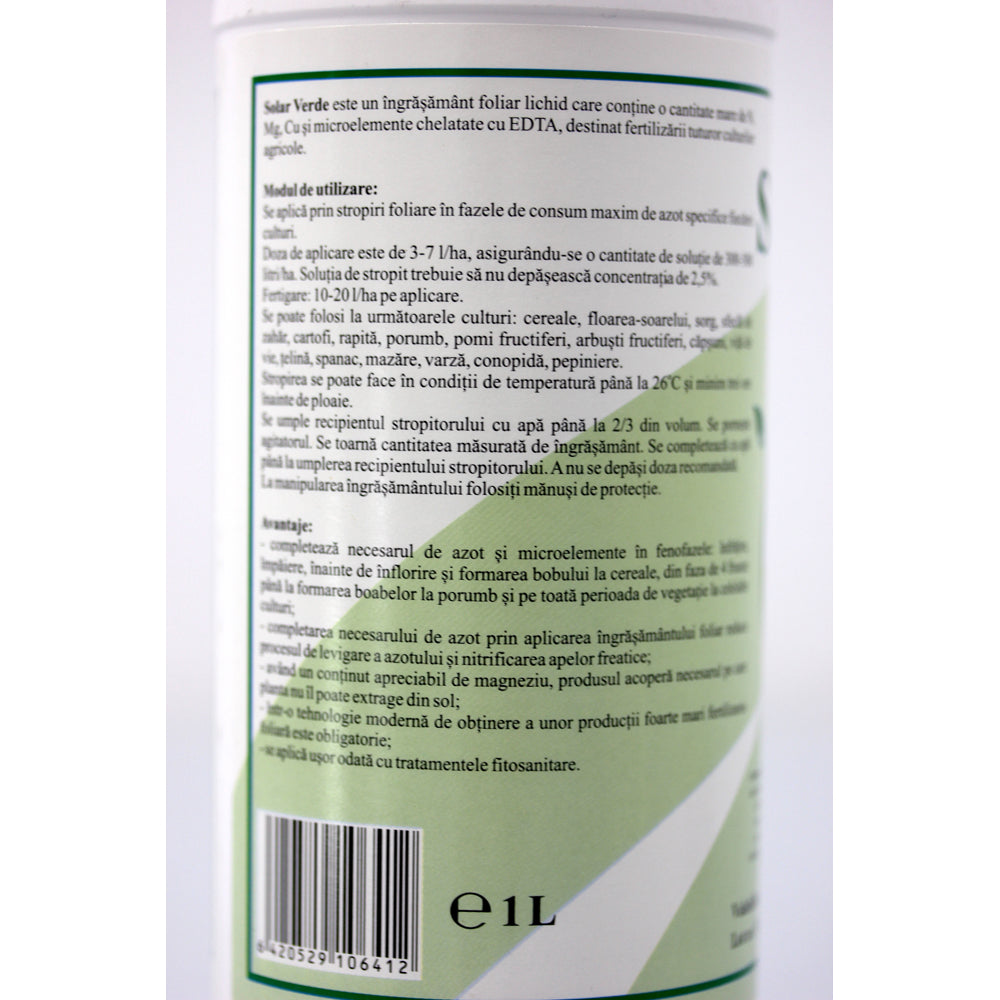 Solar Verde 1 L, Ingrasamant Foliar Lichid, Solarex, Pe Baza De Azot, Magneziu Si Microelemente (Bor, Cupru, Fier, Mangan, Zinc) Pentru Culturile De Cereale, Floarea Soarelui, Vita De Vie, Pomi Si Arbusti Fructiferi, Porumb