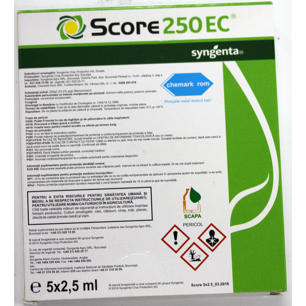 Score 250Ec 2,5 Ml, Fungicid Sistemic, Syngenta, Rapan, Monilioza, Fainare, Alternarioza, Basicarea Frunzelor; (Cais, Capsun, Cires, Mar, Piersic, Rapita, Sfecla Zahar, Tomate, Visin)