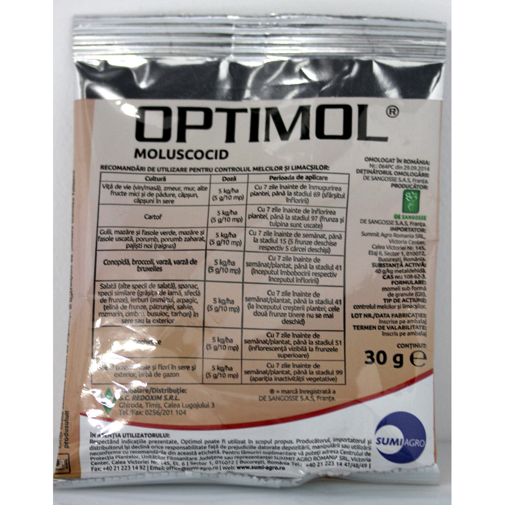 Optimol 30 Gr, Moluscocid Impotriva Melcilor, Cu Perioada Lunga De Actiune, Sumiagro (Vita De Vie, Zmeur, Mur, Capsun, Cartof, Sfecla, Conopida, Brocoli, Salata, Varza, Mazare, Fasole, Oleaginoase, Cereale, Porumb, Flori)