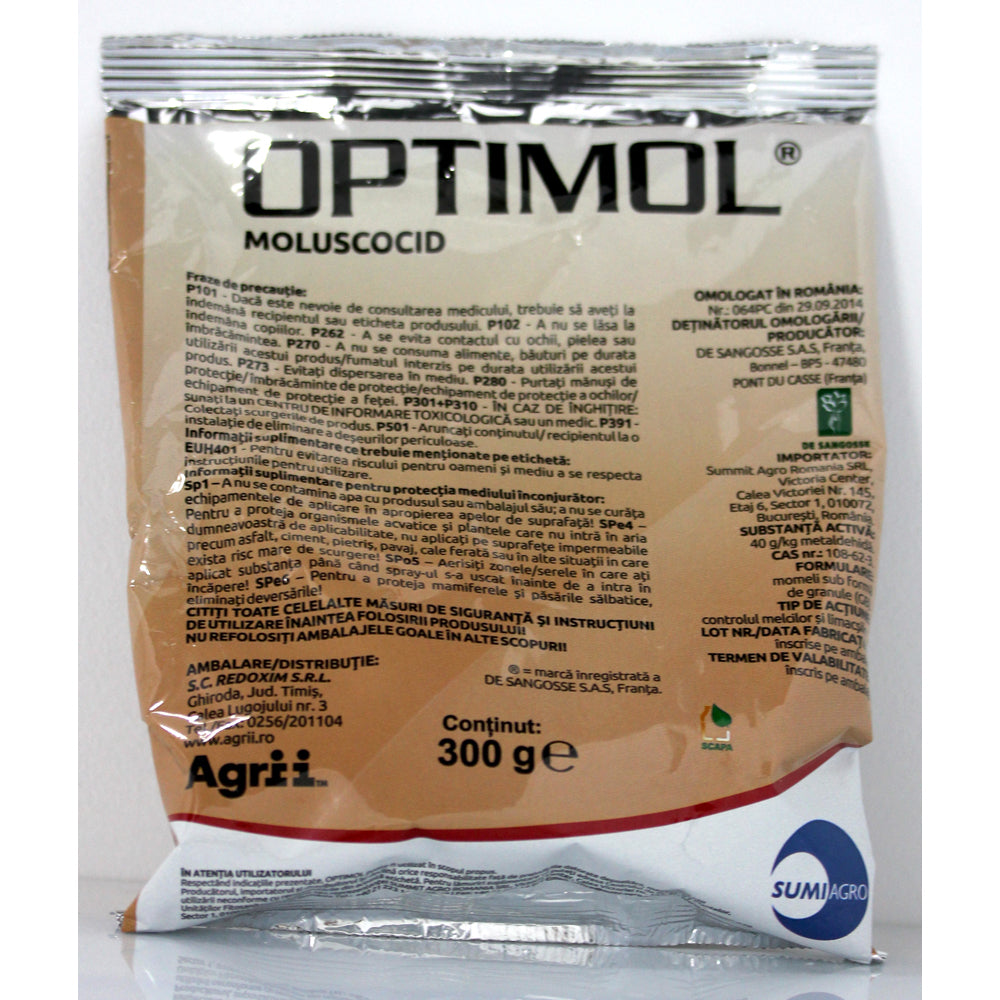 Optimol 300 Gr, Moluscocid Impotriva Melcilor, Cu Perioada Lunga De Actiune, Sumiagro (Vita De Vie, Zmeur, Mur, Capsun, Cartof, Sfecla, Conopida, Brocoli, Salata, Varza, Mazare, Fasole, Oleaginoase, Cereale, Porumb, Flori)