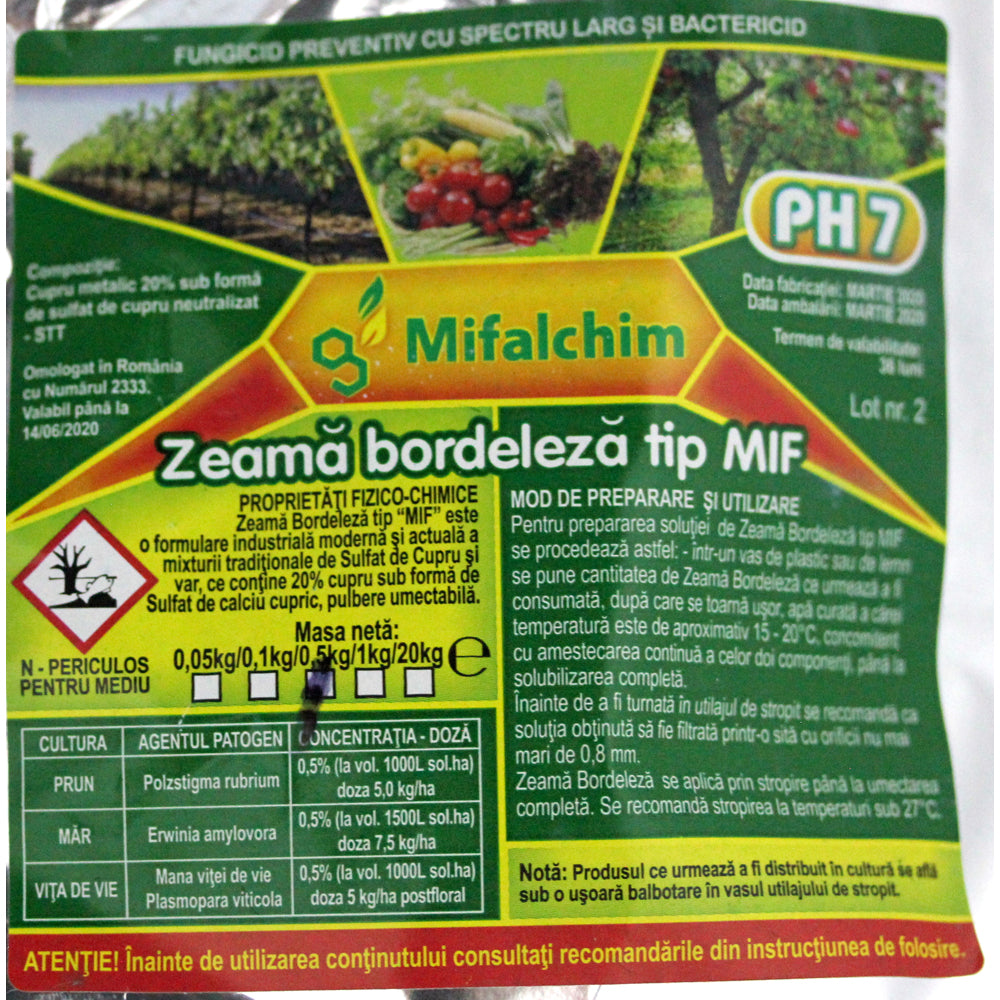 Zeama Bordeleza Tip Mif 500 Gr, Fungicid De Contact Cupric, Mifalchim, Mana (Vita De Vie, Castraveti, Tomate, Ceapa), Rapan (Mar, Par), Monilioza (Prun, Cires, Visin, Piersic)