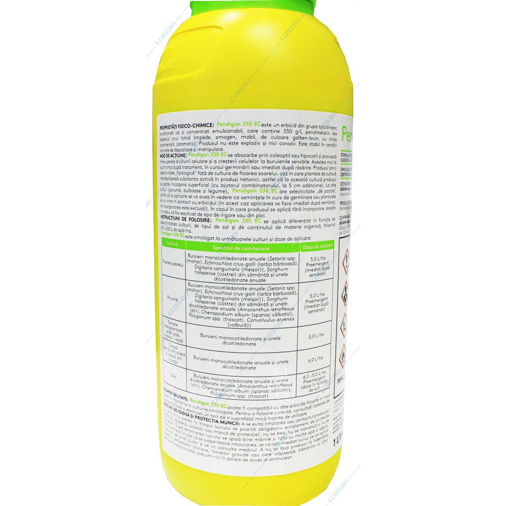 Pendigan 330Ec 1L Erbicid, Adama, Buruieni Monocotiledonate Si Dicotiledonate In Cultura De Floarea Soarelui, Porumb, Morcov, Tomate, Varza De Toamna, Ardei Gras, Radacinoase, Ceapa
