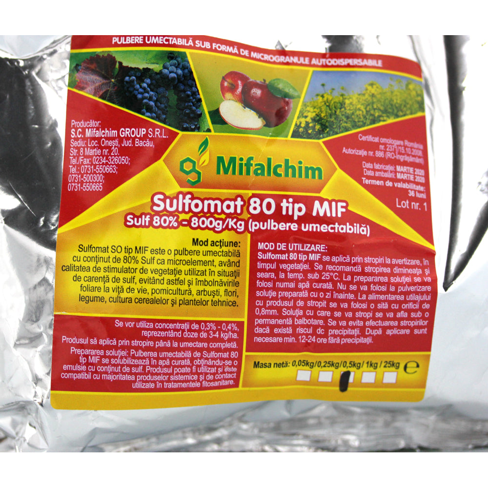 Sulfomat 80Pu 500 Gr, Fungicid De Contact Pe Baza De Sulf, Mifalchim, Fainare (Vita De Vie, Mar Jonathan)
