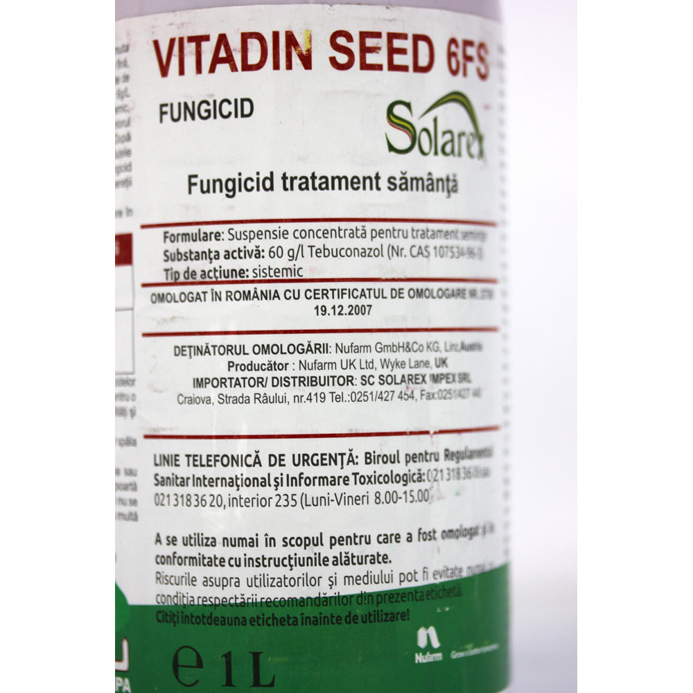 Vitadin Seed 6Fs 1L, Fungicid Tratament Samanta, Nufarm/Solarex, Grau (Malura Comuna, Fuzarioza), Orz (Taciunele Zburator, Sfasierea Frunzelor)