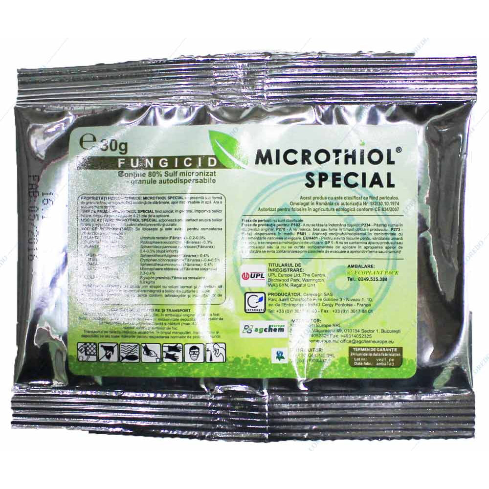 Microthiol Special 30 Gr Fungicid De Contact Pe Baza De Sulf, Upl, Fainare (Castraveti, Mar, Cereale Paioase, Piersic, Coacaz, Silvicultura, Vita De Vie)