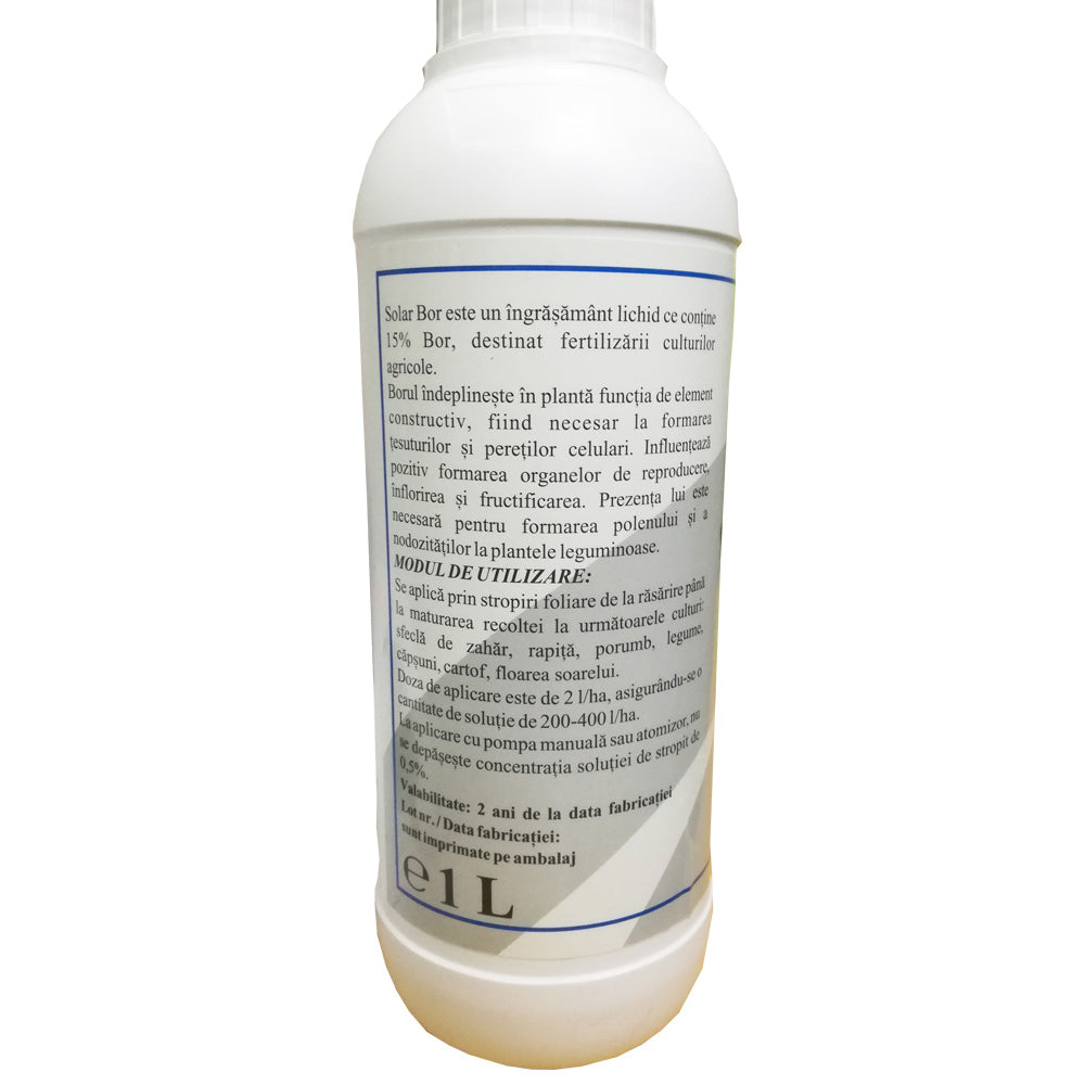 Solar Bor 1L, Ingrasamant Foliar Lichid Pe Baza De Bor (15%), Solarex, Ajuta Inflorirea Si Fructificarea