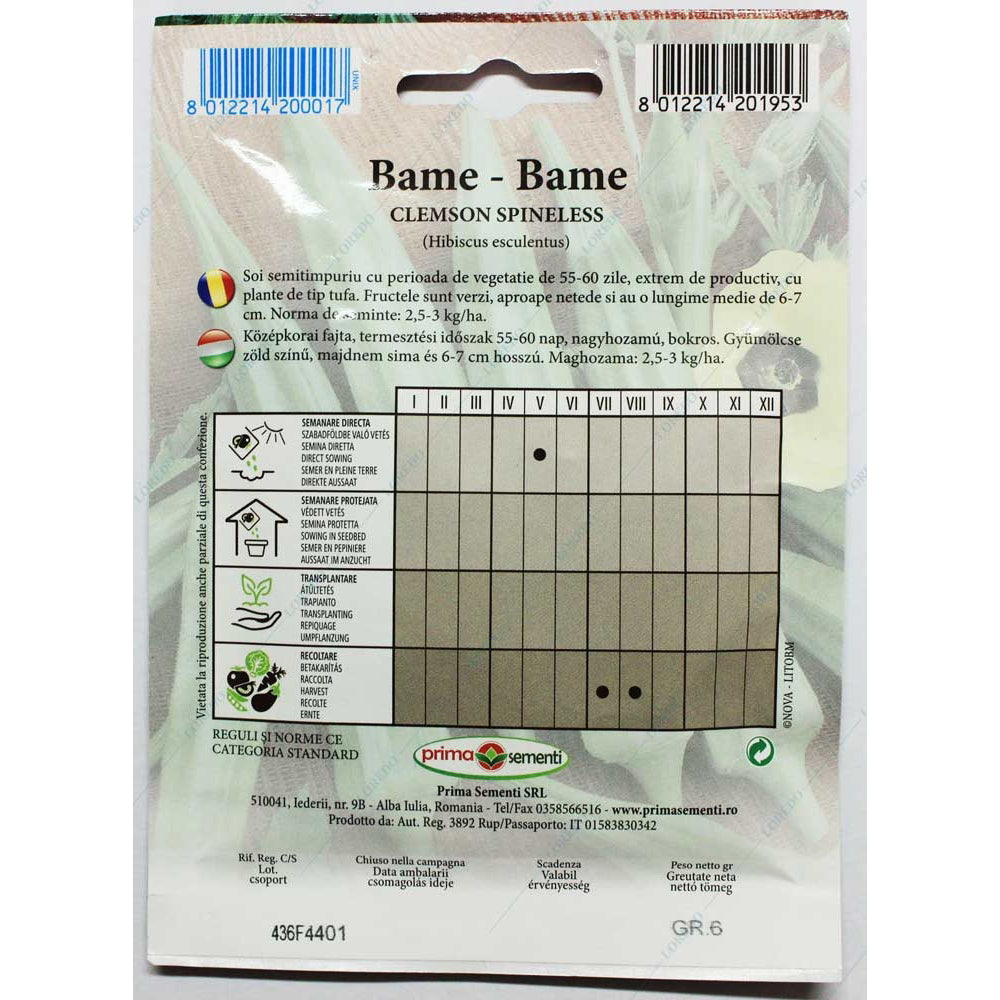 Seminte Bame Clemson Spineless 6 Gr ,Prima Sementi