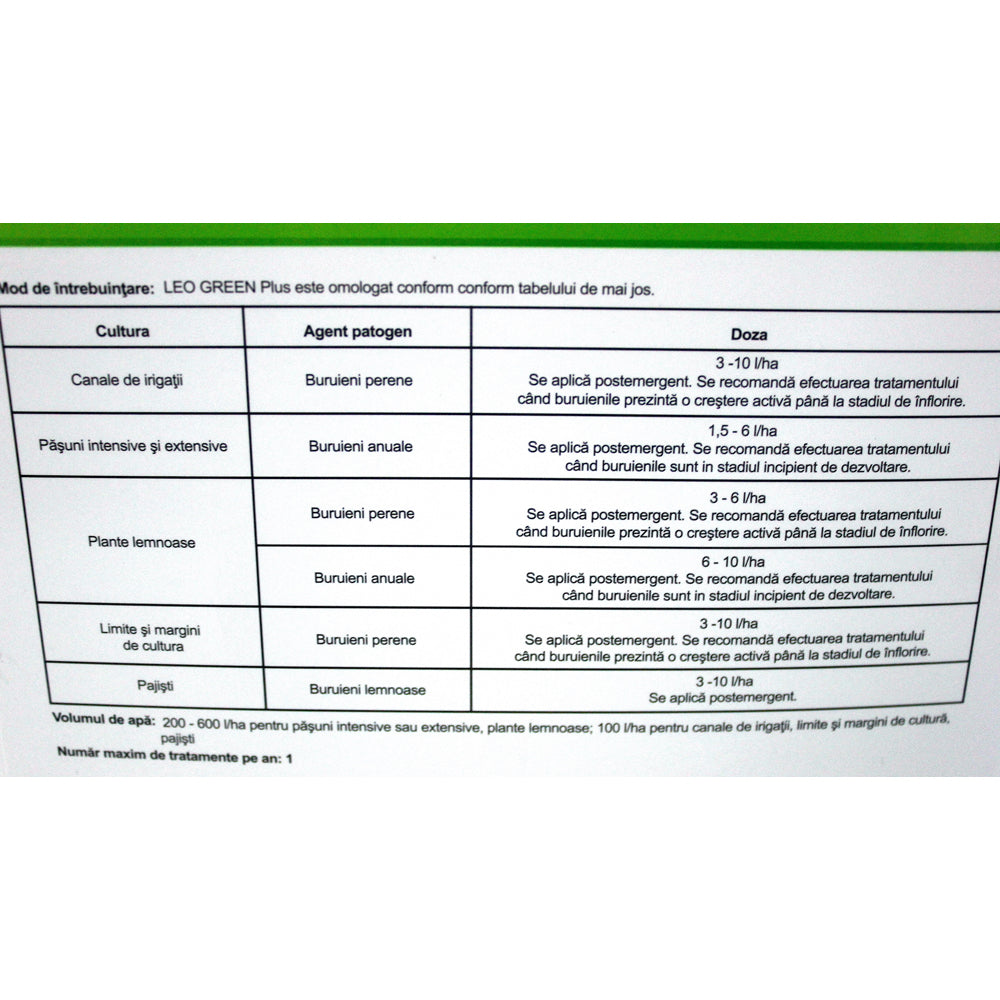 Leo Green Plus 360Sl 20 L, Erbicid Total Sistemic, Post Emergent, Neselectiv, Glifosat (Buruieni Monocotiledonate Si Dicotiledonate, Anuale Si Perene)