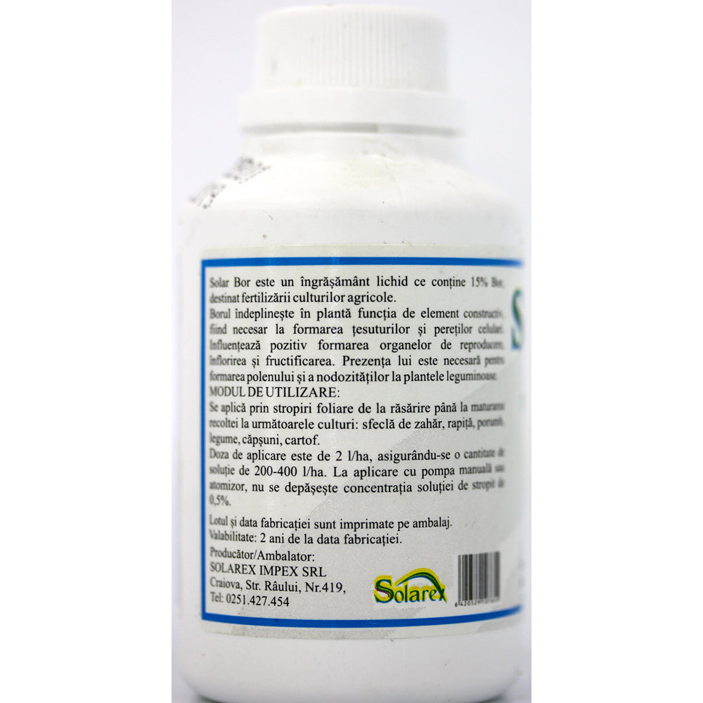 Solar Bor 100 Ml, Ingrasamant Foliar Lichid Pe Baza De Bor (15%), Solarex, Ajuta Inflorirea Si Fructificarea