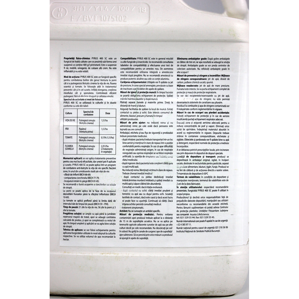Pyrus 400Sc 5L, Fungicid De Contact, Arysta Lifescience, Putregai Cenusiu (Vita De Vie, Tomate, Floarea Soarelui), Rapan (Par)