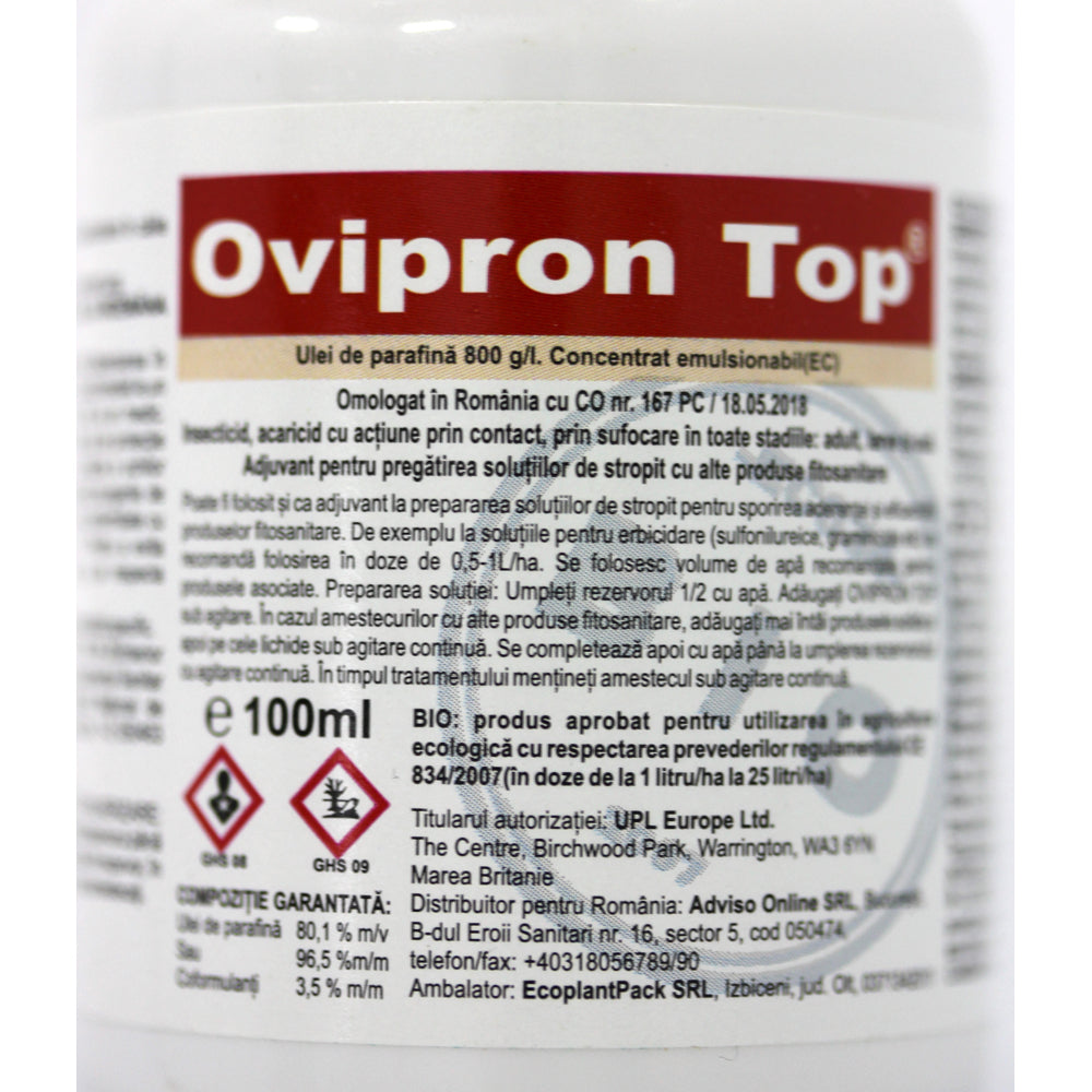 Ovipron Top 100 Ml Ulei Horticol Cu Efect Insecticid Acaricid De Contact, Ulei De Parafina, Upl (Cais, Cires, Mar, Nectarin, Par, Piersic, Prun, Vita De Vie)