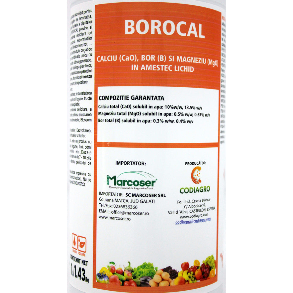 Borocal 1L Ingrasamant Foliar Pentru Corectarea Carentei De Calciu, Bor, Magneziu, Codiagro (Obtinerea Fructelor Ferme, Uniform Colorate)