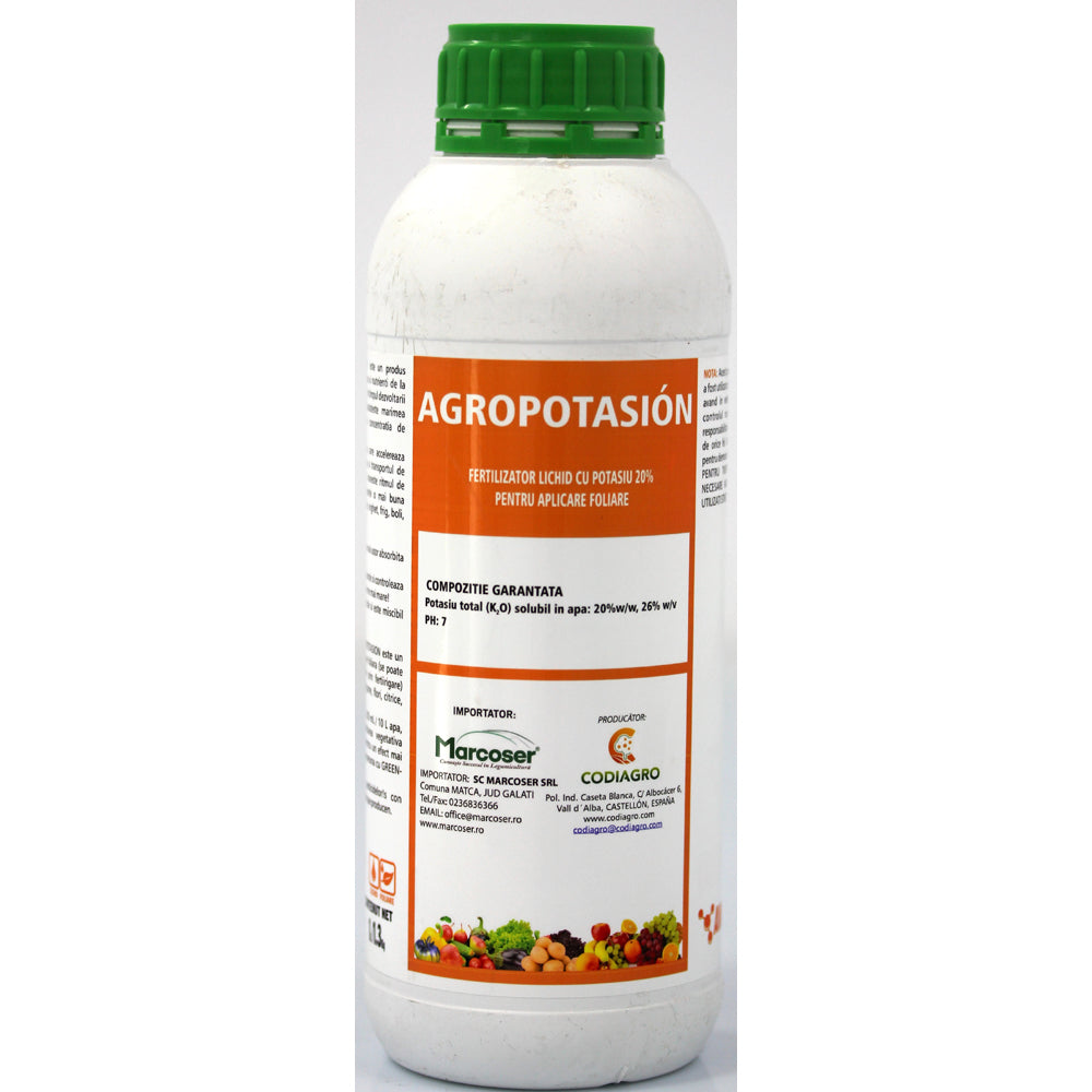 Agropotasion 1L Ingrasamant Foliar Lichid Codiagro Pentru Deficiente De Potasiu, Utilizat Pentru Marirea Rapida A Fructelor, Timpurietate Ridicata