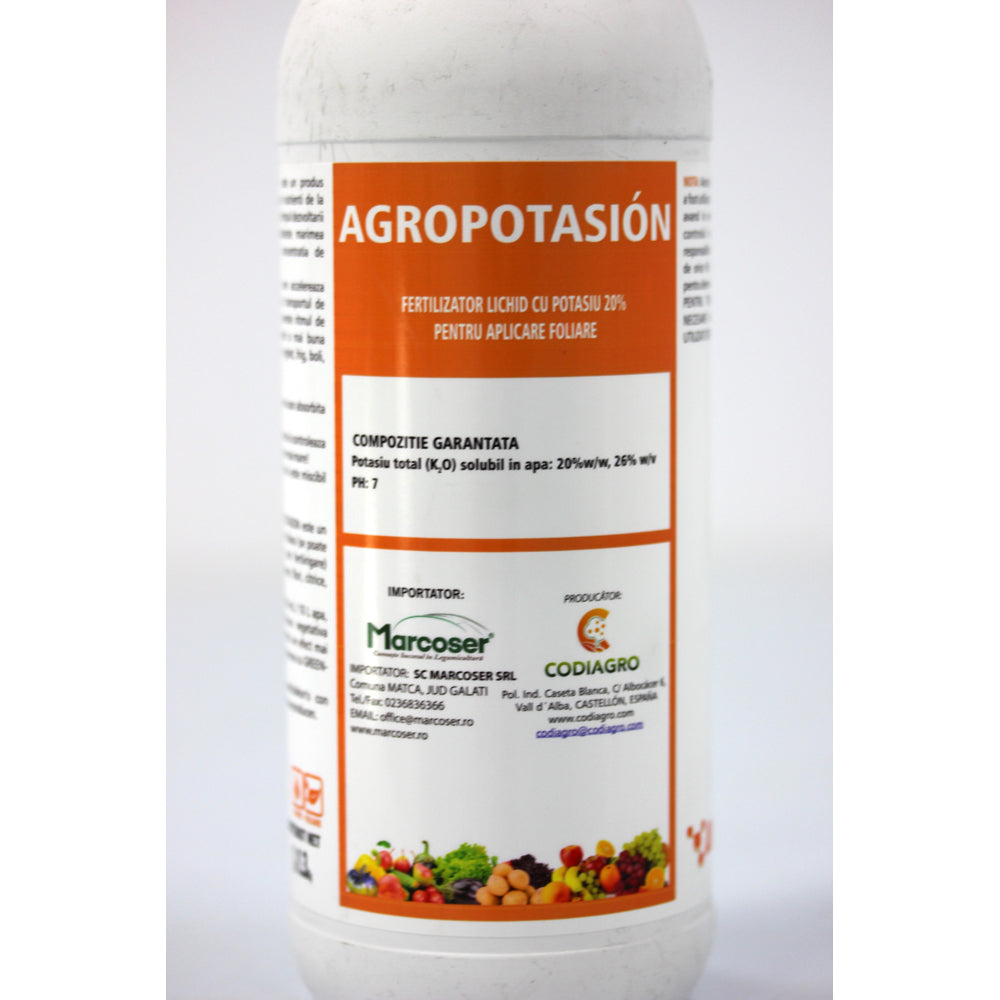 Agropotasion 1L Ingrasamant Foliar Lichid Codiagro Pentru Deficiente De Potasiu, Utilizat Pentru Marirea Rapida A Fructelor, Timpurietate Ridicata