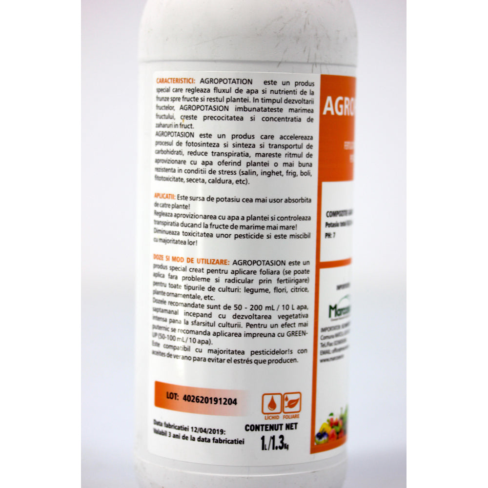 Agropotasion 1L Ingrasamant Foliar Lichid Codiagro Pentru Deficiente De Potasiu, Utilizat Pentru Marirea Rapida A Fructelor, Timpurietate Ridicata