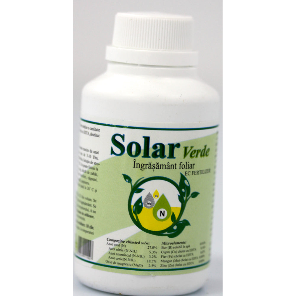 Solar Verde 100 Ml, Ingrasamant Foliar Lichid, Solarex, Pe Baza De Azot, Magneziu Si Microelemente (Bor, Cupru, Fier, Mangan, Zinc) Pentru Culturile De Cereale, Floarea Soarelui, Vita De Vie, Pomi Si Arbusti Fructiferi, Porumb