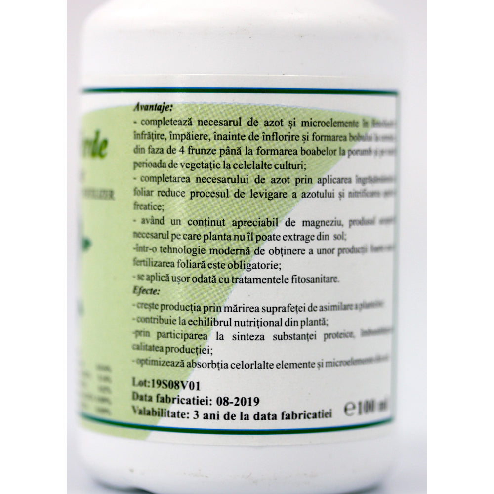 Solar Verde 100 Ml, Ingrasamant Foliar Lichid, Solarex, Pe Baza De Azot, Magneziu Si Microelemente (Bor, Cupru, Fier, Mangan, Zinc) Pentru Culturile De Cereale, Floarea Soarelui, Vita De Vie, Pomi Si Arbusti Fructiferi, Porumb
