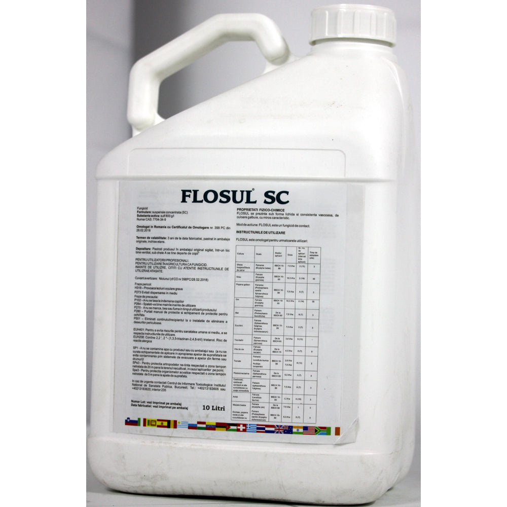 Flosul Sc 10 L Fungicid De Contact Pe Baza De Sulf, Fainare (Vita De Vie, Castraveti, Dovlecei, Pepene, Orz, Grau, Salata, Mar, Mazare, Sfecla Zahar, Trandafiri, Ardei, Piersic, Nectarin, Tomate, Capsun)