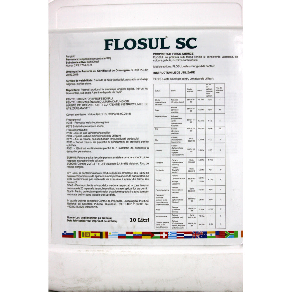 Flosul Sc 10 L Fungicid De Contact Pe Baza De Sulf, Fainare (Vita De Vie, Castraveti, Dovlecei, Pepene, Orz, Grau, Salata, Mar, Mazare, Sfecla Zahar, Trandafiri, Ardei, Piersic, Nectarin, Tomate, Capsun)