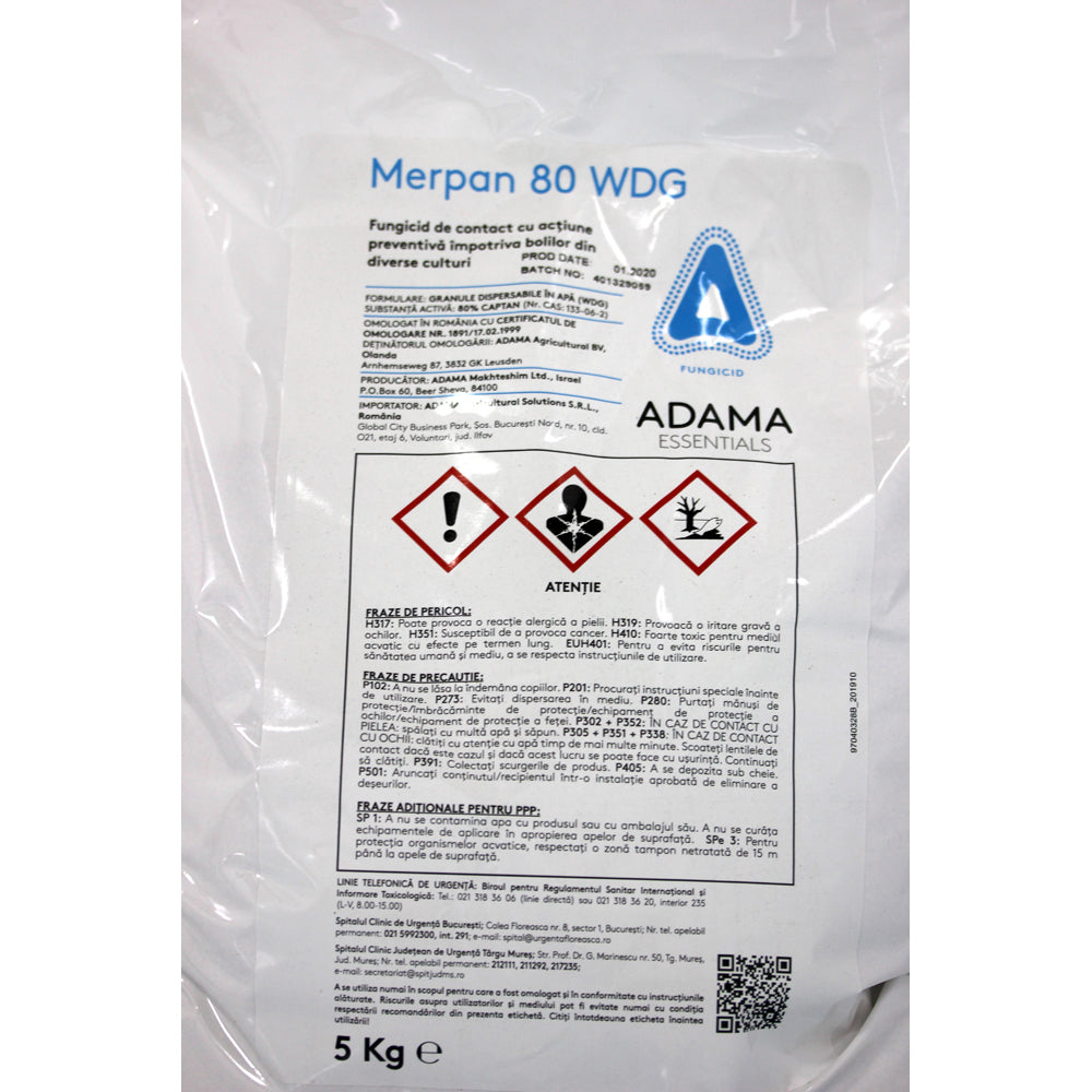 Merpan 80Wdg 5 Kg Fungicid De Contact, Adama (Mar, Tomate, Castraveti, Fasole, Tutun, Par, Cires, Cais, Piersic, Prun, Zmeur)