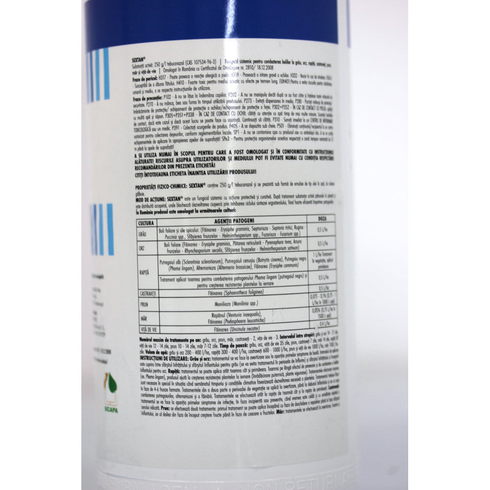 Sextan 25Ew 1L, Fungicid Sistemic, Ascenza, Vita De Vie (Fainare), Grau, Rapita, Orz (Fainare, Patarea Reticulara, Arsura Frunzelor) , Castraveti (Fainare), Prun (Monilioza) , Mar (Rapan, Fainare)