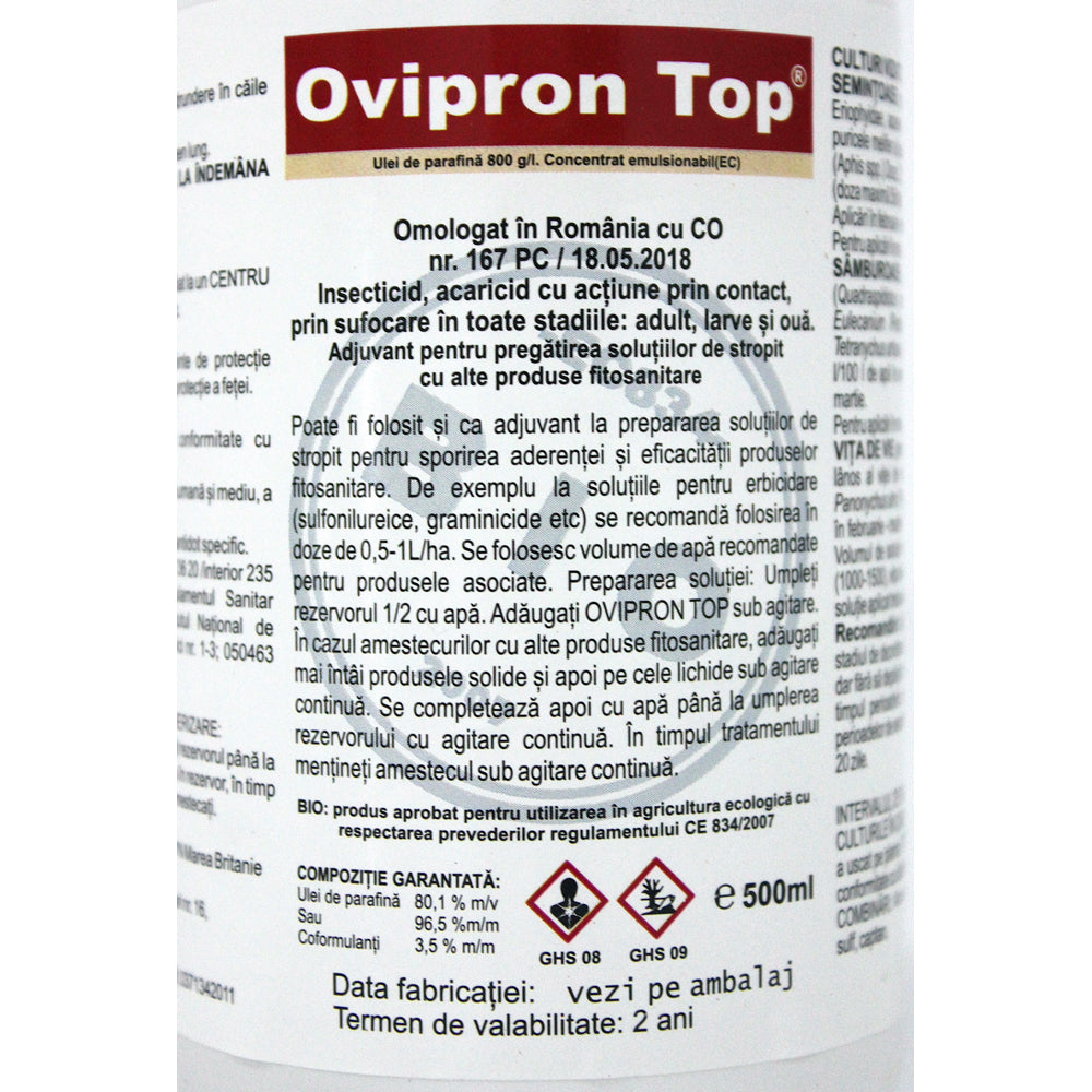 Ovipron Top 500 Ml Ulei Horticol Cu Efect Insecticid Acaricid De Contact, Ulei De Parafina, Upl (Cais, Cires, Mar, Nectarin, Par, Piersic, Prun, Vita De Vie)