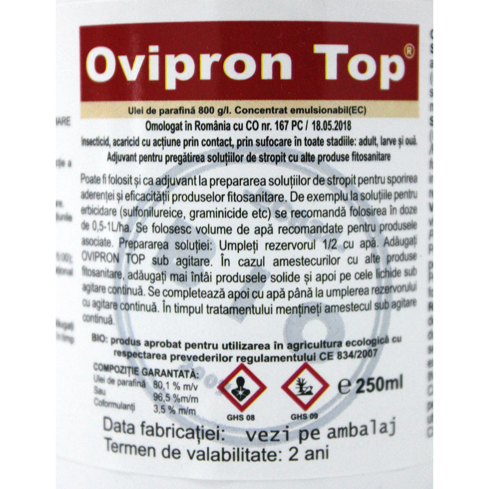 Ovipron Top 250 Ml Ulei Horticol Cu Efect Insecticid Acaricid De Contact, Ulei De Parafina, Upl (Cais, Cires, Mar, Nectarin, Par, Piersic, Prun, Vita De Vie)