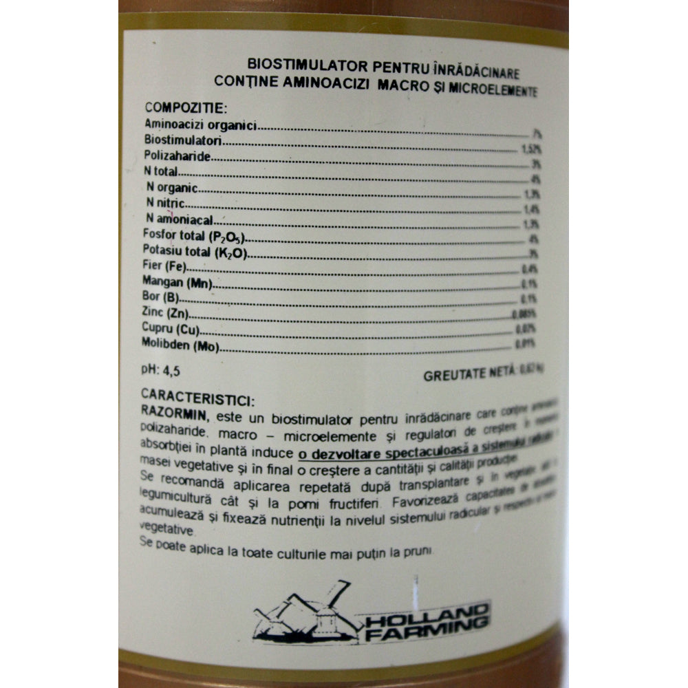 Razormin 0.5 L, Biostimulator De Inradacinare Foliar/Irigare, Atlantica, Aminoacizi+ Azot+ Fosfor Pentru Pomi Fructiferi, Vita De Vie, Legumicultura, Agricultura, Culturi Hidroponice, Pepiniere, Plante Ornamentale