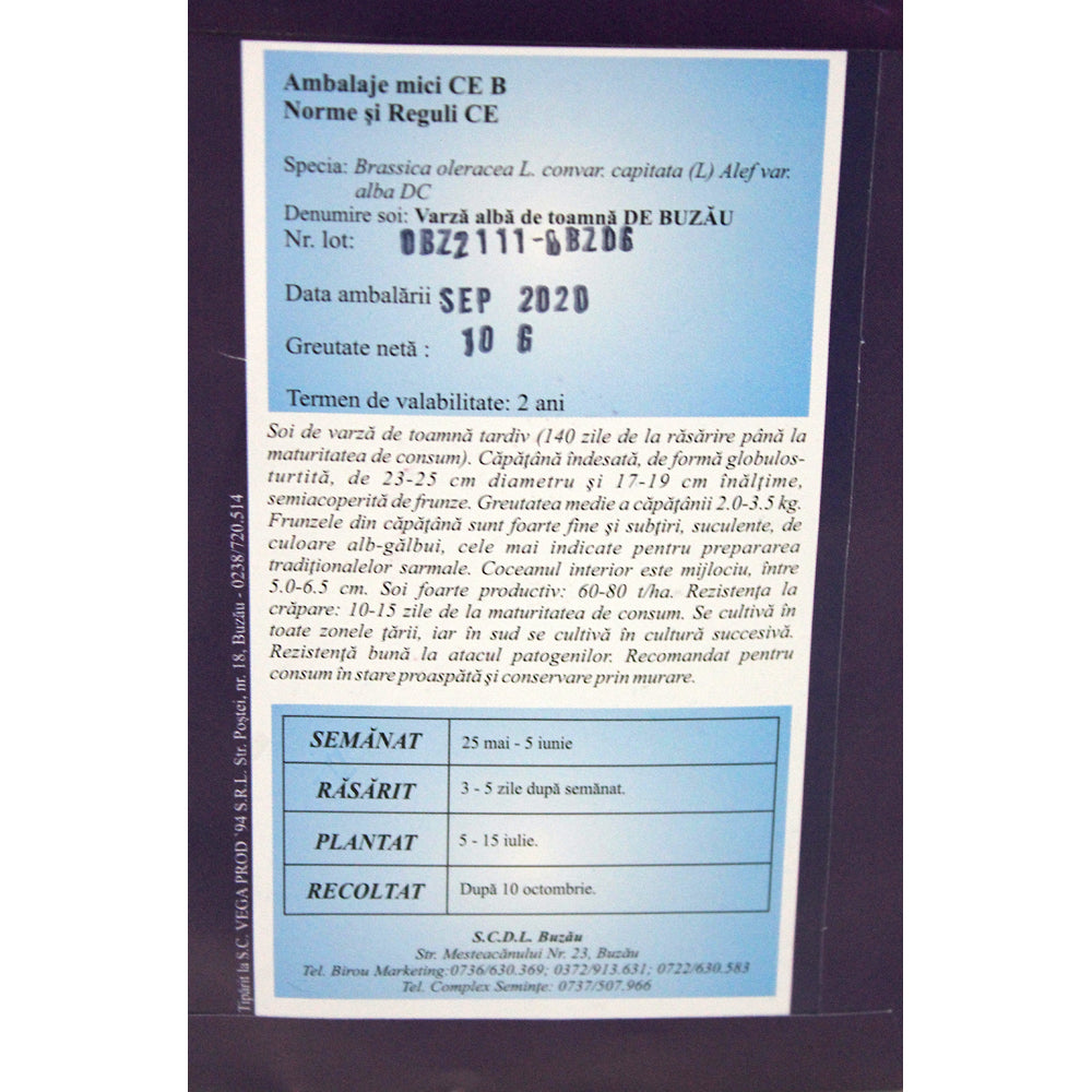 Seminte Varza Alba De Toamna De Buzau 10 Gr