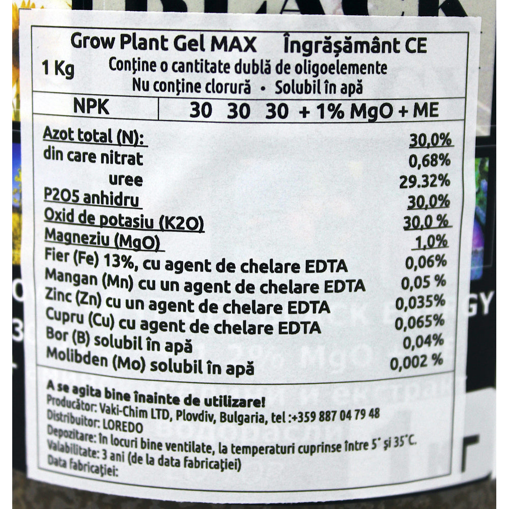 Grow Plant Gel Black Energy 30-30-30 1 Kg  Ingrasamant Npk+Microelemente