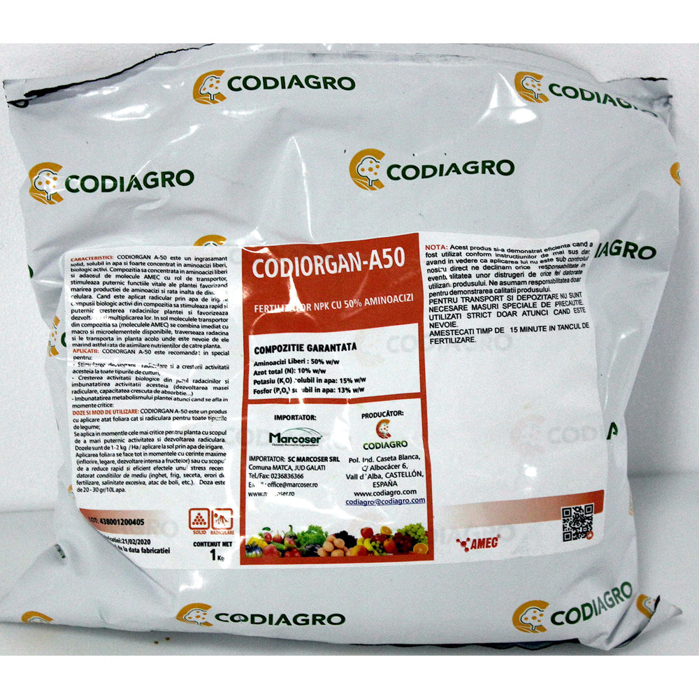 Codiorgan A-50 1 Kg Ingrasamant Radicular/ Foliar Npk+ Microelemente, Codiagro, Pentru Dezvoltarea Radacinilor Si Marirea Rapida A Fructelor